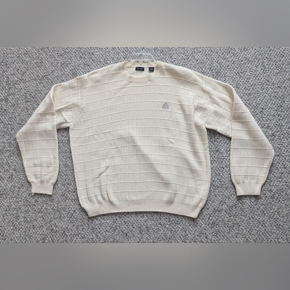 Izod Men's (Size L) Cream Cotton Crewneck Knit Sweater w/Textured Grid Design